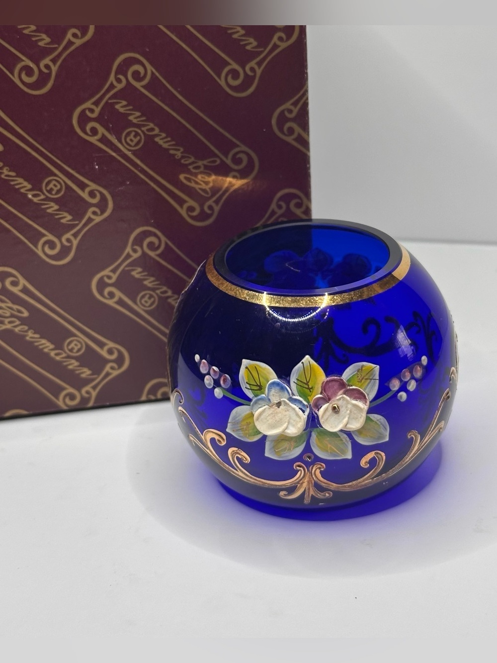 Egermann Czech Bohemian Cobalt Blue Glass Floral Mini Vase Bowl /Box